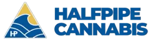 Halfpipe Cannabis logo with blue text and a triangular blue-and-gold emblem