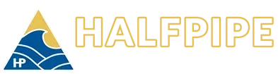 Halftime logo with a blue and gold triangular emblem and the word “HALFPPIPE” in gold text