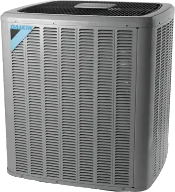 Gray Daikin outdoor air conditioner unit with front grille and top vent
