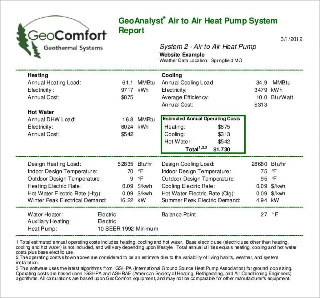 GeoComfort geothermal systems report with green header, tables, and highlighted box on white page