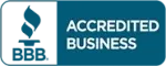 BBB Accredited Business badge in blue and white with a torch logo