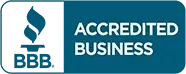 BBB Accredited Business badge in blue and white with a torch logo