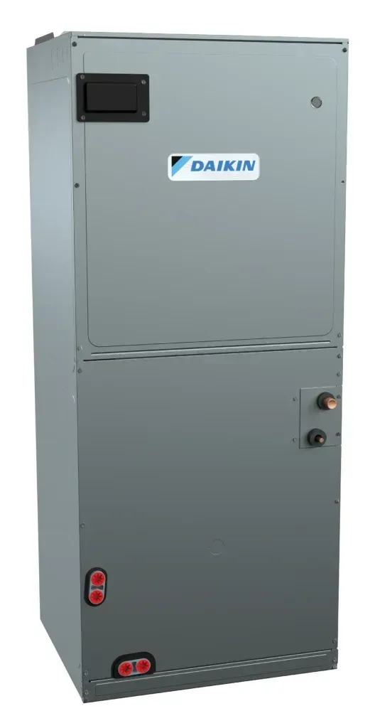 Gray Daikin HVAC cabinet with vents, black display panel, and red labels.