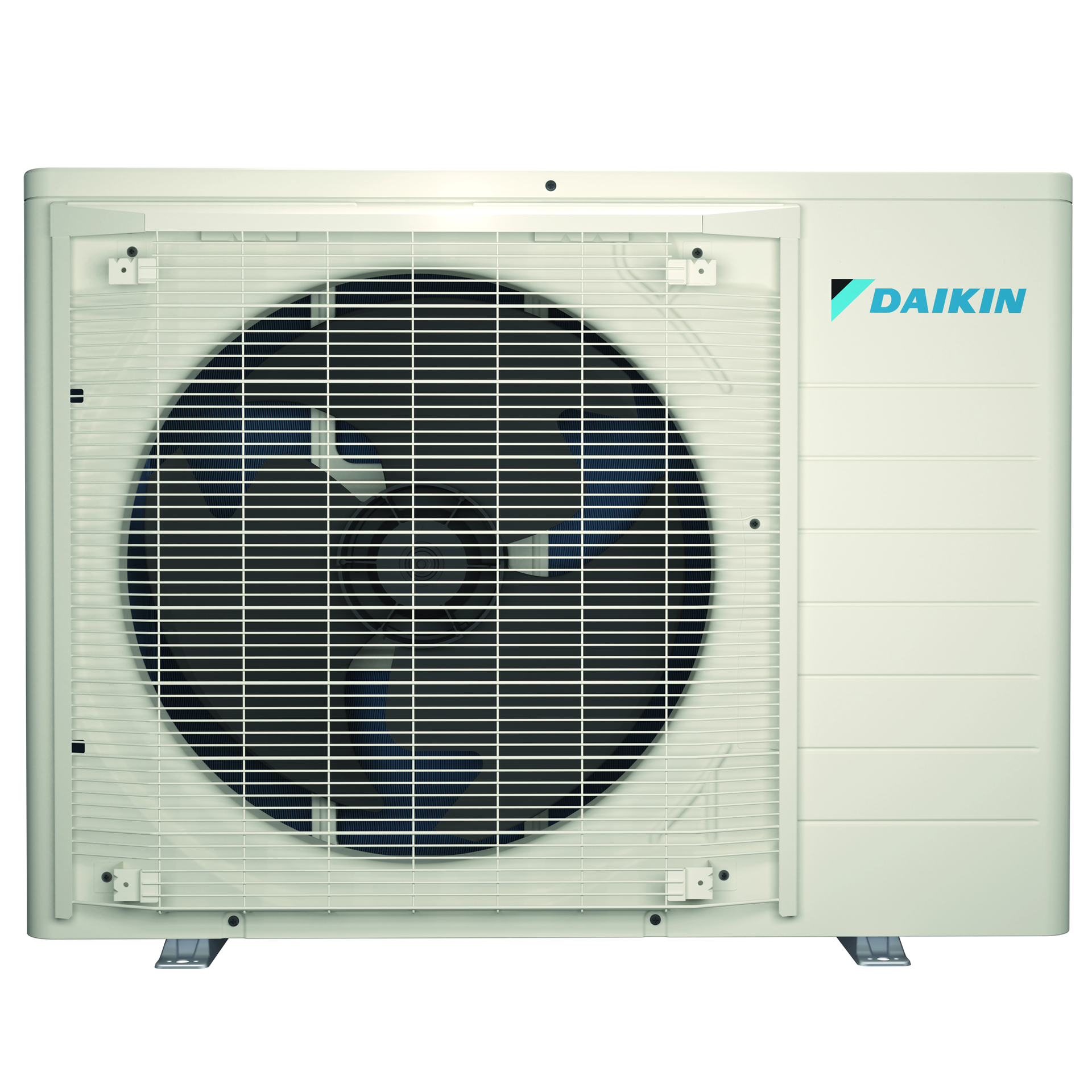 White Daikin outdoor air conditioner unit with large front fan grille.