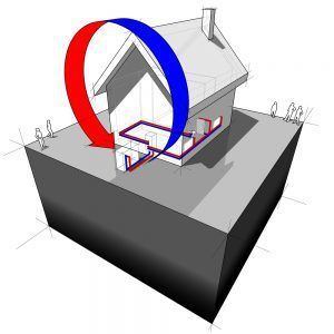 3D house model with red and blue airflow loops around the roof and a red railing on the porch