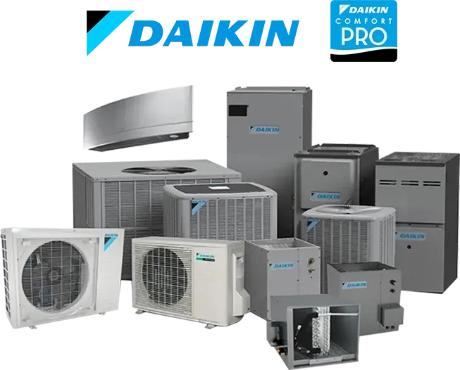 Daikin HVAC equipment lineup with logo on white background, showing indoor and outdoor units