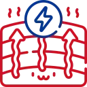 Red outlined campsite icon with two tents, a lightning bolt, and red heat lines above and below.
