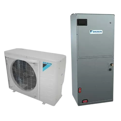 Daikin outdoor condenser unit and indoor cabinet HVAC system on a white background