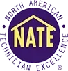NATE logo in a purple circle with gold lettering and white text reading North American Technician Excellence