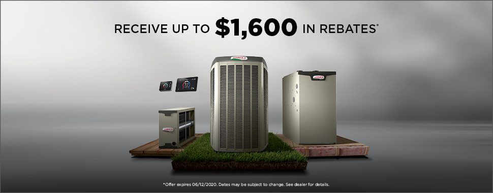 High-rise building display with “Receive up to $1,600 in rebates” text and small home appliance icons