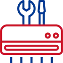 Red and blue line icon of a router with wrench and screwdriver tools, suggesting setup or repair