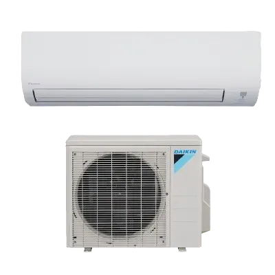 White wall-mounted air conditioner indoor unit above a white outdoor compressor unit on a plain background