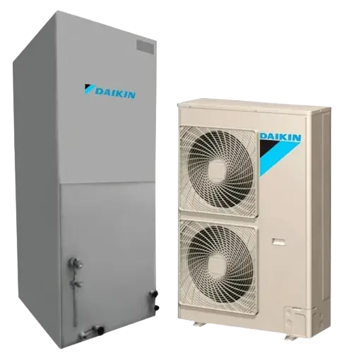Daikin HVAC units: a tall gray cabinet and a beige outdoor condenser with dual fans