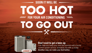 AC repair ad on red background: “Too hot for your air conditioning to go out,” with outdoor units and service text