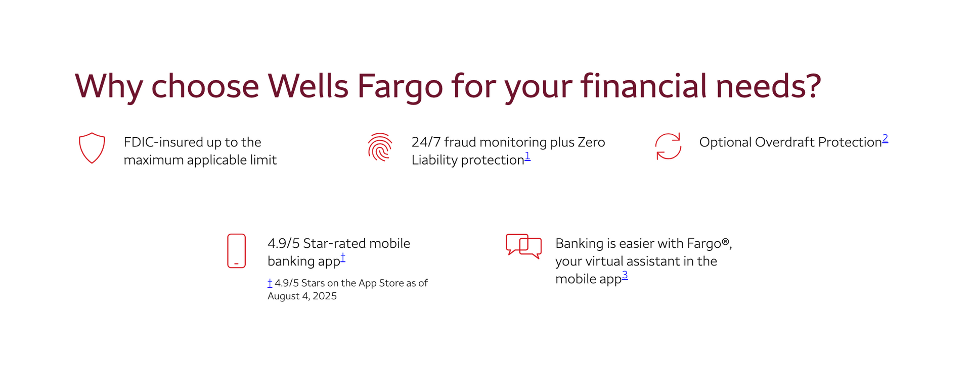 Wells Fargo webpage with headline “Why choose Wells Fargo for your financial needs?” and feature icons below