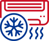 Air conditioner icon with red unit, blue snowflake, and blue cooling waves