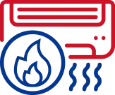 Red and blue fire safety icon with an air conditioner, flame symbol, and heat waves