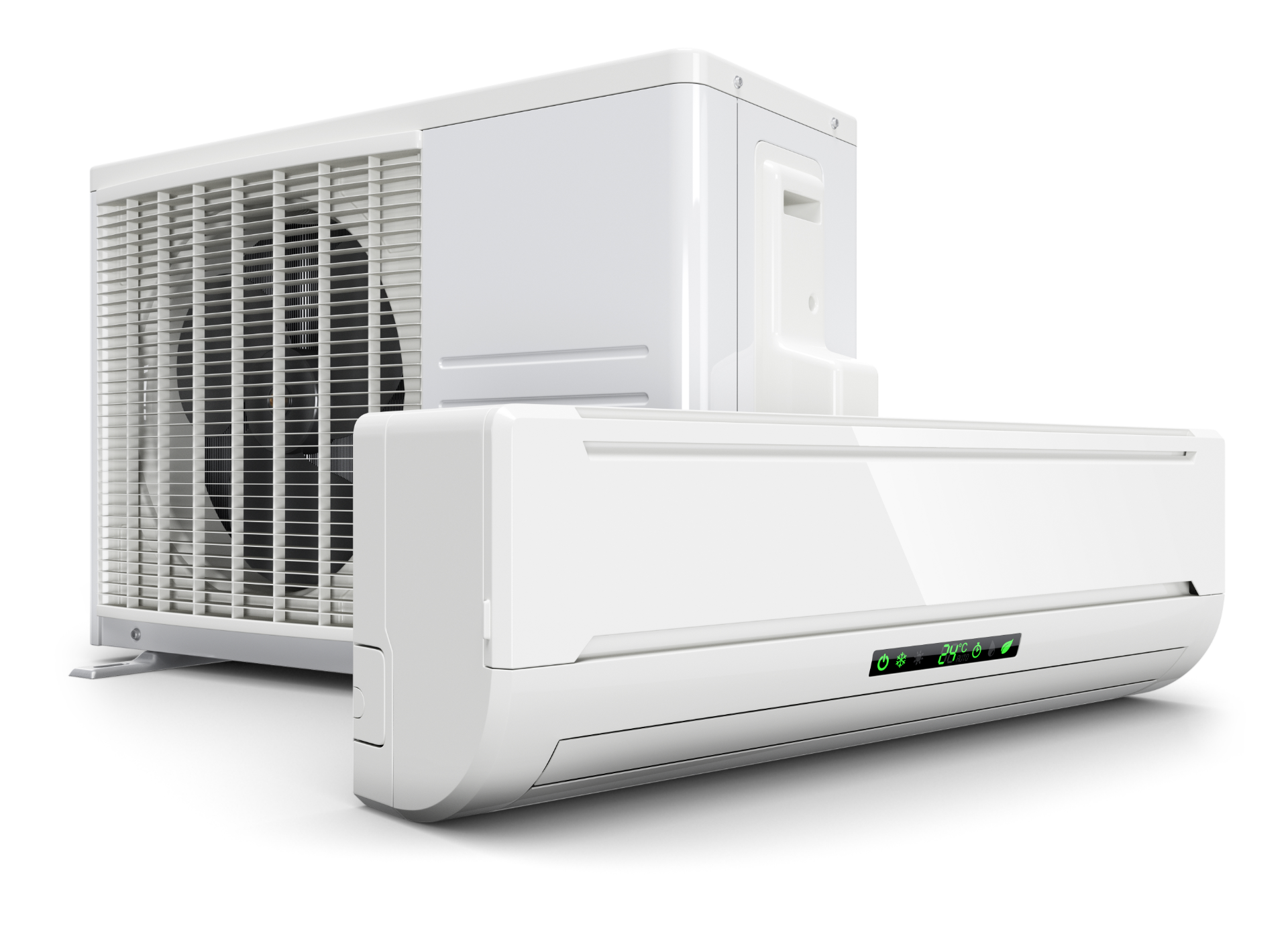 White wall-mounted air conditioner with outdoor condenser unit on a white background