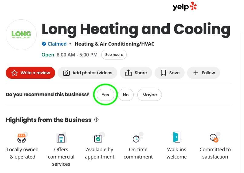 Yelp business profile for Long Heating and Cooling with green “Yes” recommendation selected
