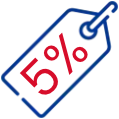 Blue outlined price tag with red “5%” text.