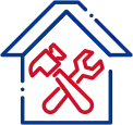 Blue house outline with red crossed hammer and wrench, symbolizing home repair or maintenance services