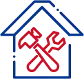 Blue house outline with red crossed hammer and wrench icon for home repair services