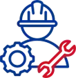 Blue engineer icon with a hard hat, gear, and red wrench symbolizing maintenance or repair