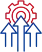 Red gear with three blue upward arrows in front, symbolizing growth or improvement
