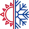 Red and blue split snowflake and sun logo on white background