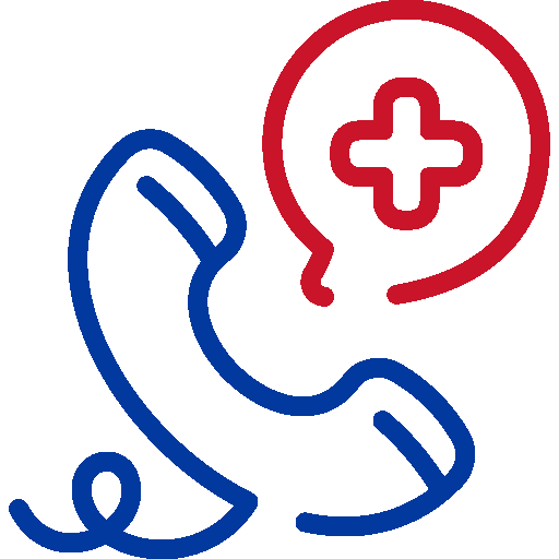 Blue phone handset with red speech bubble containing a white medical cross symbol