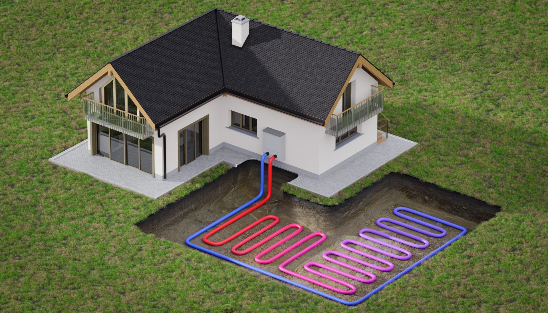House with radiant floor heating pipes shown beneath a section of the floor, in red and blue loops.