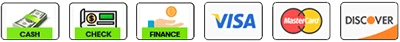 Cash, check, financing, Visa, Mastercard, and Discover payment options icons