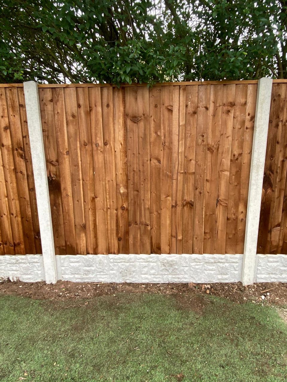 Closeboard timber garden fence on concrete posts and gravel boards