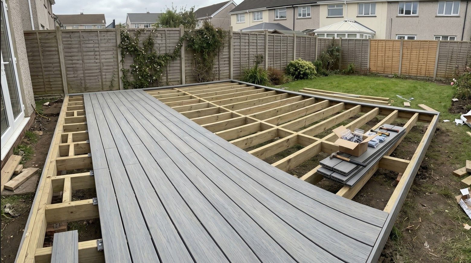 Composite decking installation in progress showing subframe and hidden fixings in Cardiff by J&Z Fencing