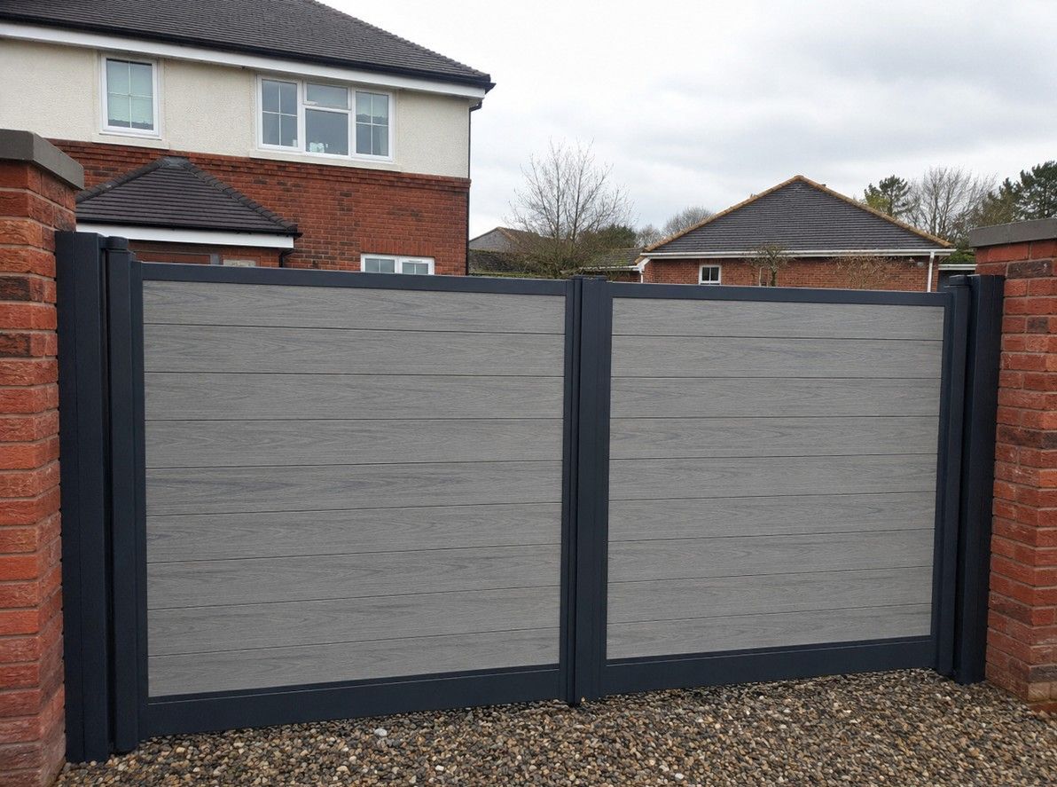 Composite driveway gates with aluminium frame installed in Cardiff by J&Z Fencing