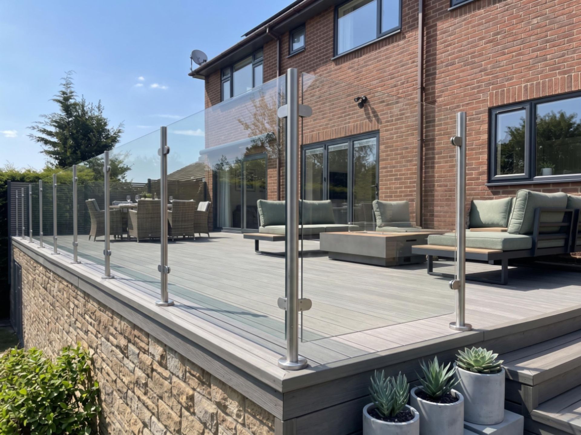 Raised composite decking with frameless glass balustrade installed in Cardiff by J&Z Fencing