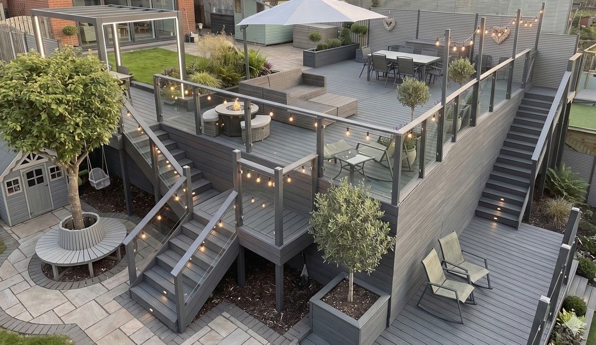 Multi-level composite decking with glass balustrade and staircase installed in Cardiff by J&Z Fencing