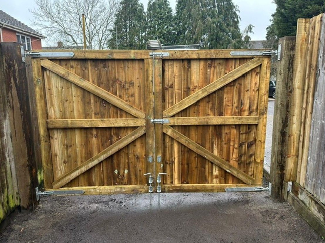 Inside view of double wooden driveway gates installed in Penarth by J&Z Fencing Cardiff