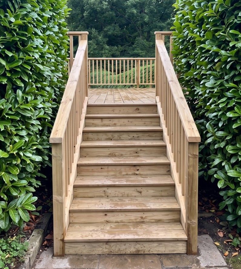Wooden steps leading to a raised decking installed by J&Z Fencing Cardiff