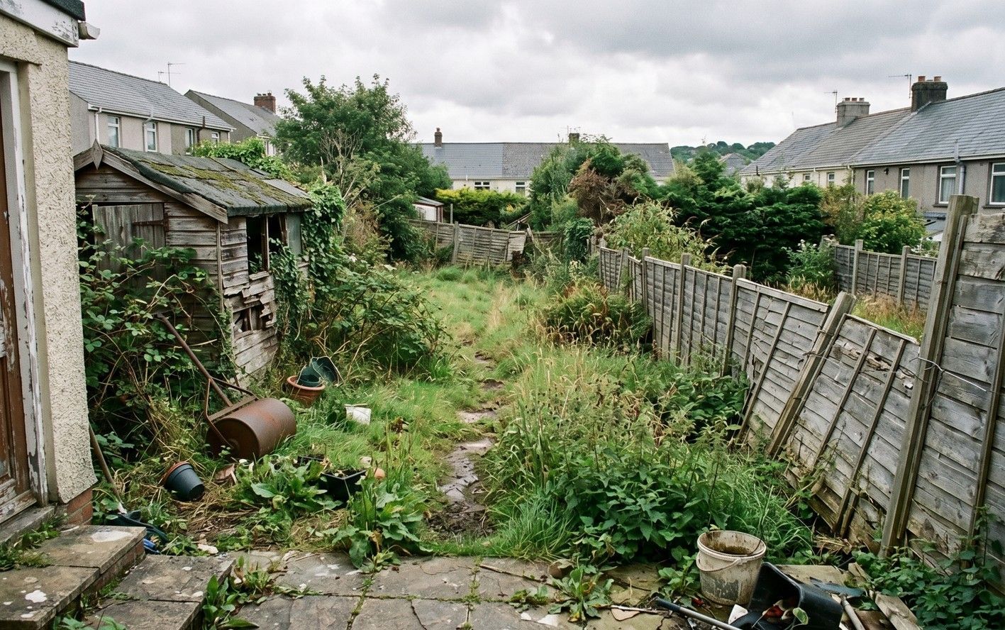 Overgrown garden before fencing and decking works in Penarth by J&Z Fencing Cardiff