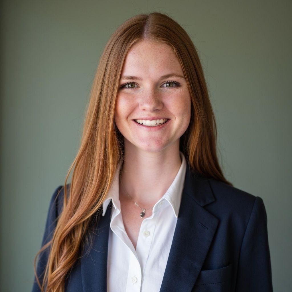Smiling woman with long red hair in a navy blazer and white shirt against a gray background