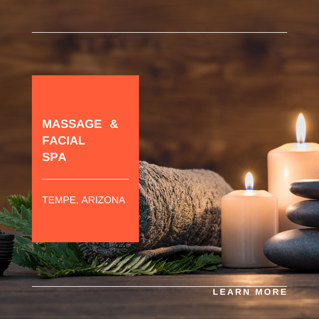 Massage and facial spa ad with candles and stones in Tempe, Arizona
