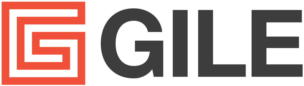 GILE logo in black and orange with a stylized square icon on a white background