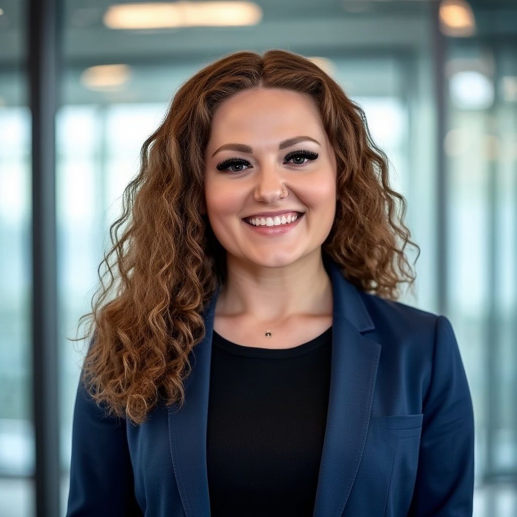 Smiling woman with curly hair in a blue blazer standing in a bright office hallway
