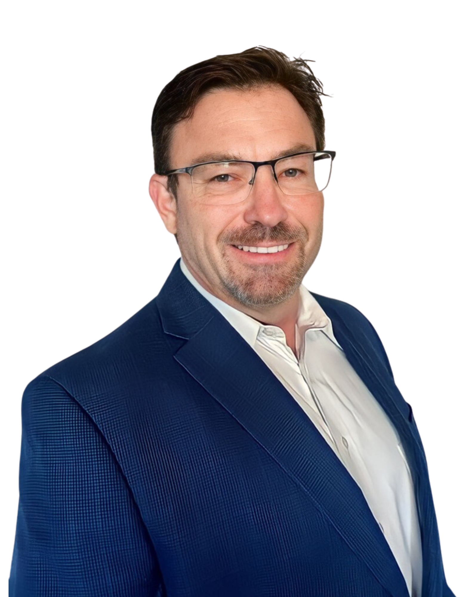 Smiling man in glasses and blue suit jacket on a white background