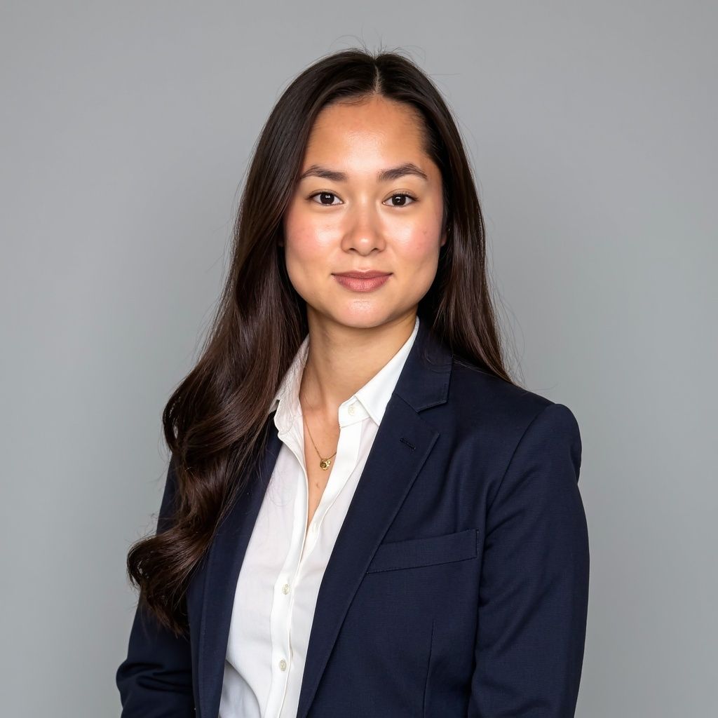 Professional headshot of a woman in a navy blazer and white blouse against a gray background