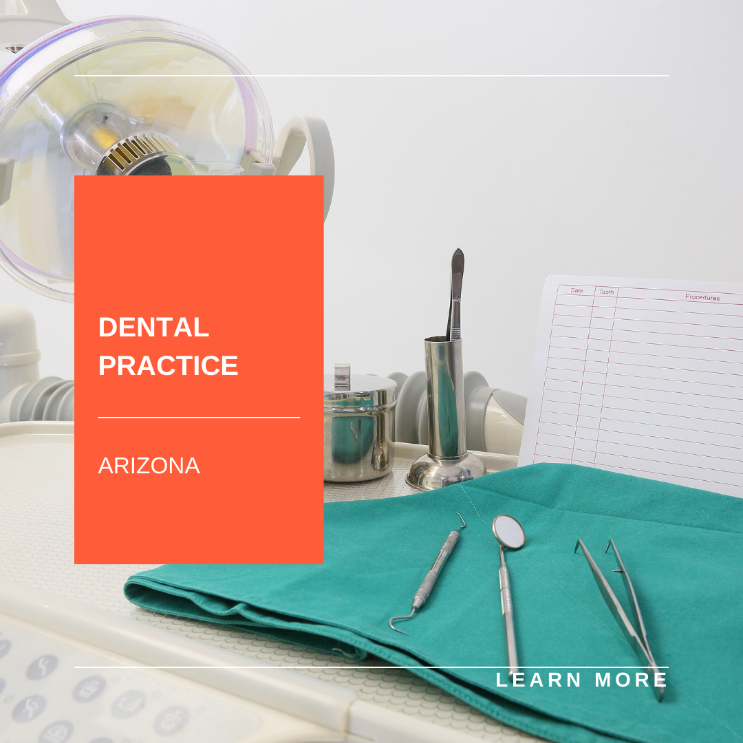 Dental practice ad with orange panel over a dental tools and green cloth background.
