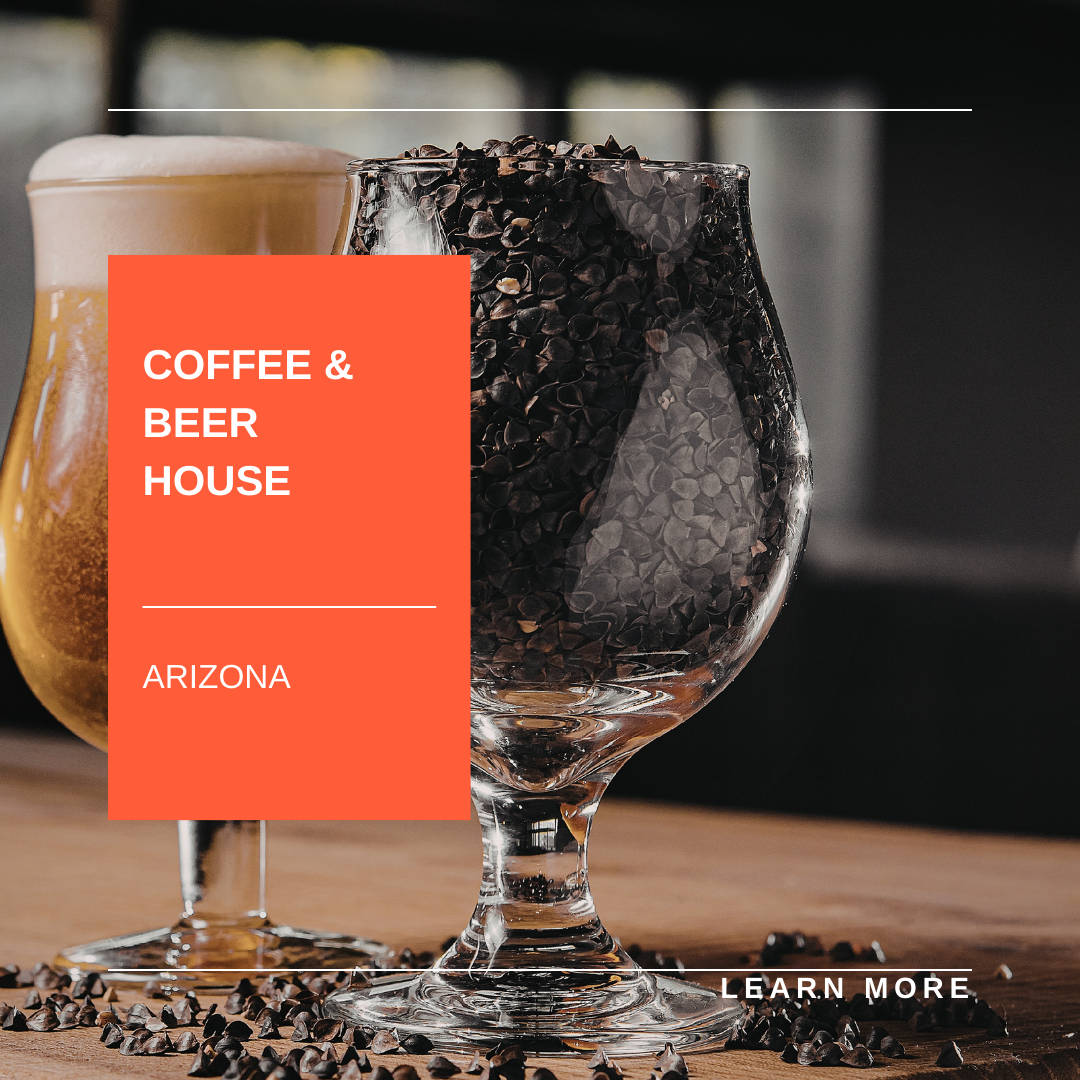 Coffee and beer house promo with two drinks and orange Arizona sign over a wooden table