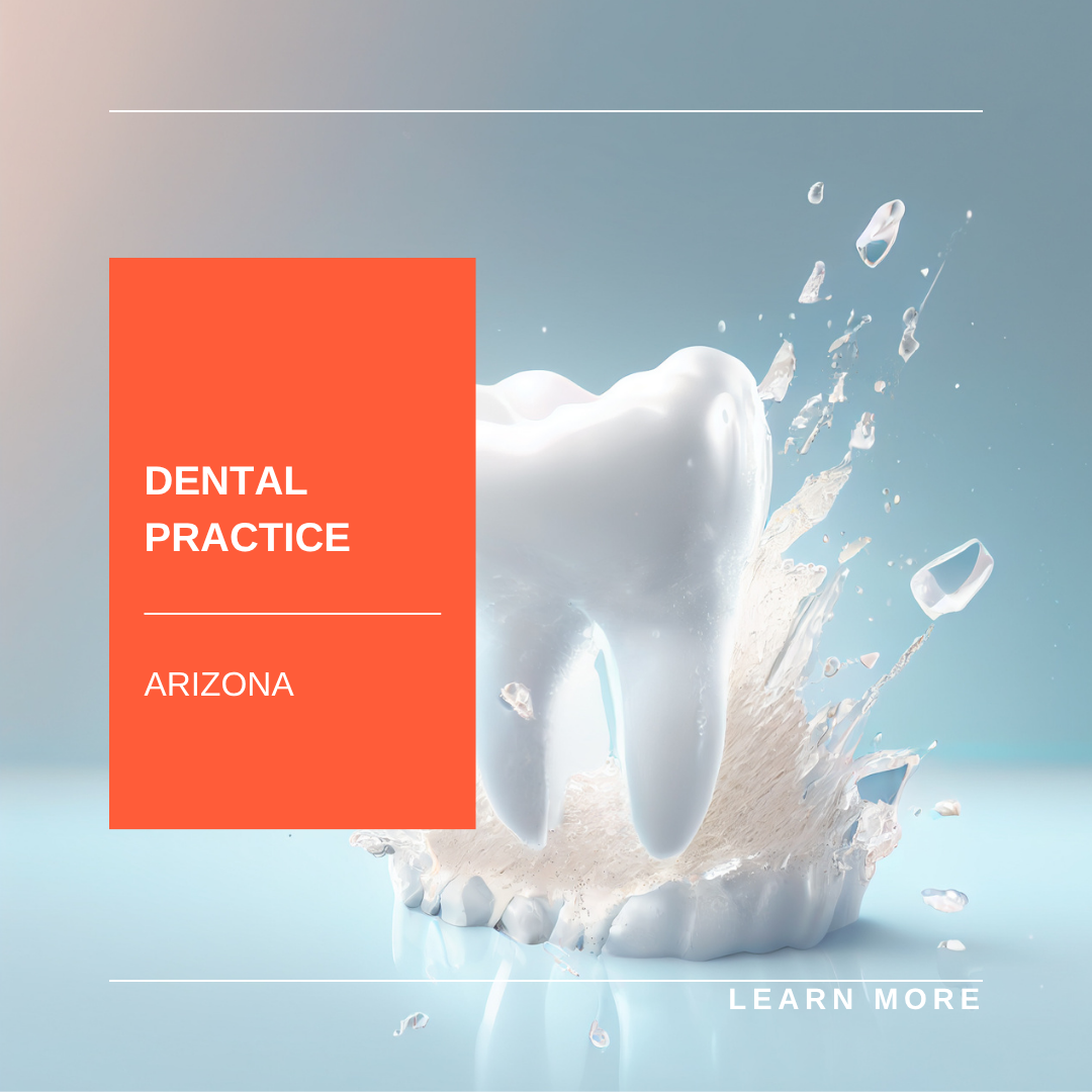 Dental practice ad with white tooth and orange Arizona panel on a blue background