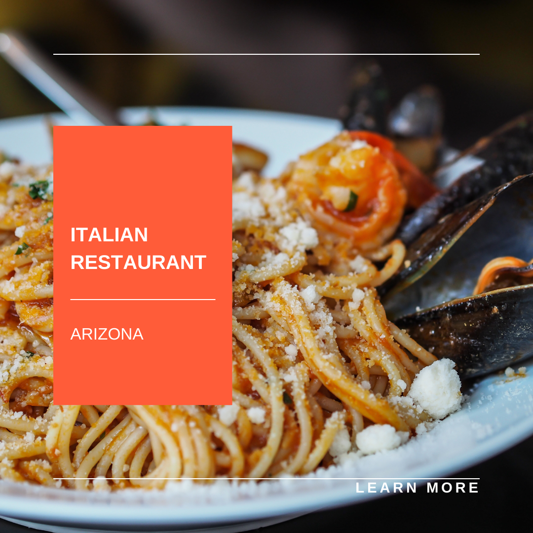 Italian restaurant promo with spaghetti and shrimp, orange text box, and “Learn more” call to action
